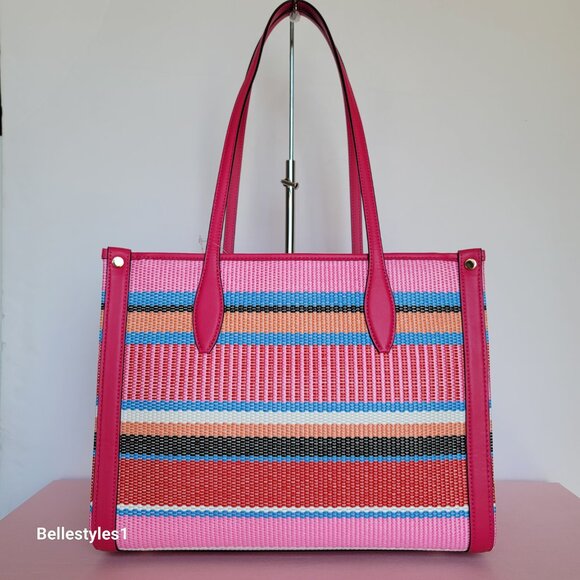 KATE SPADE Market Striped Woven Straw Medium Tote Bag-Wild Raspberry Multi ⭐ - Picture 7 of 16